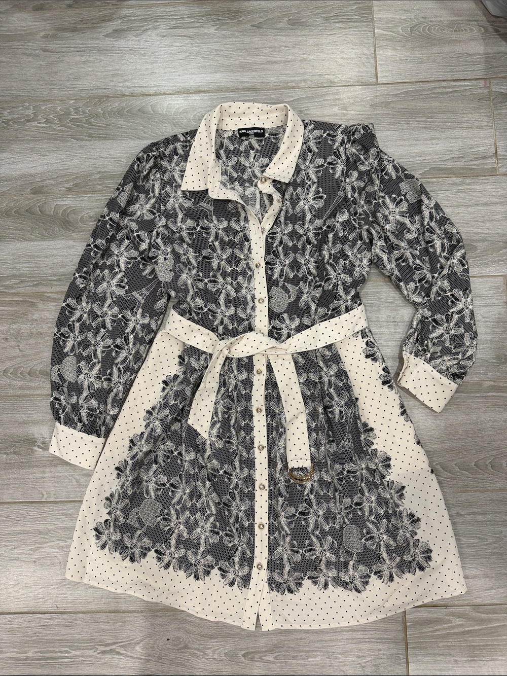 Karl Lage Polka Dot Floral Button-Front Shirt Dress with Belt size 14